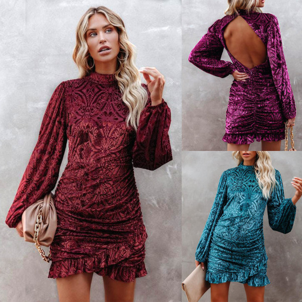 Autumn and winter new style velvet burnt flower temperament ruffled irregular fashion dress S21S5049