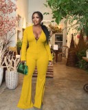 Ribbed deep V flared wide-leg jumpsuit X1155