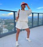 Women's solid color fashion sports loose and comfortable round neck long-sleeved shorts sweater two-piece suit Y8101
