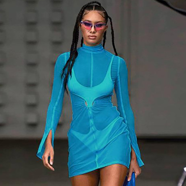 Women's 2021 autumn and winter new solid color stitching mesh round neck long sleeve two-piece dress Q21DS599