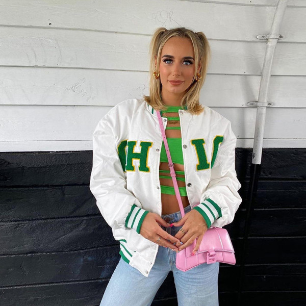 2021 Winter Women's New Fashion Letter Embroidered Stand Collar Loose Street Trendy Jacket Baseball Uniform K21C09168
