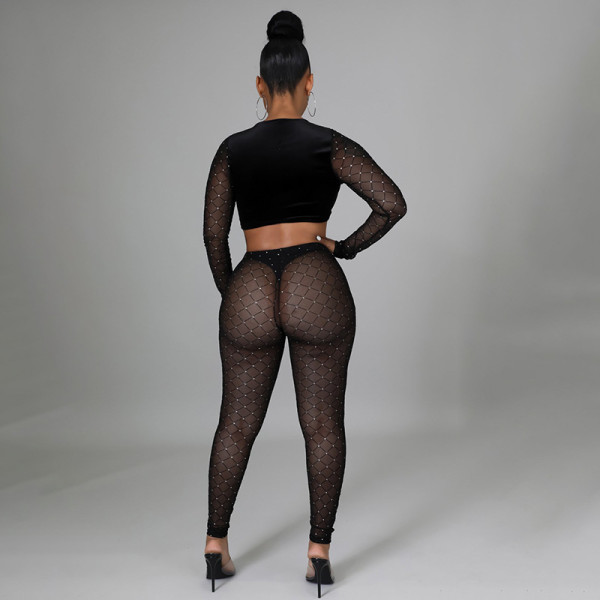 Women's winter new style mesh see-through long-sleeved sexy nightclub tight trousers flocking suit K21ST624