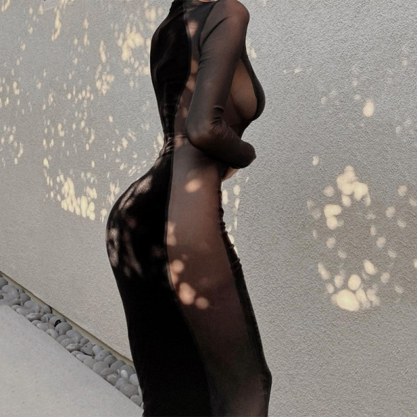 Women's 2021 new autumn and winter fashion sexy see-through mesh stitching slim long-sleeved dress D1A6854A