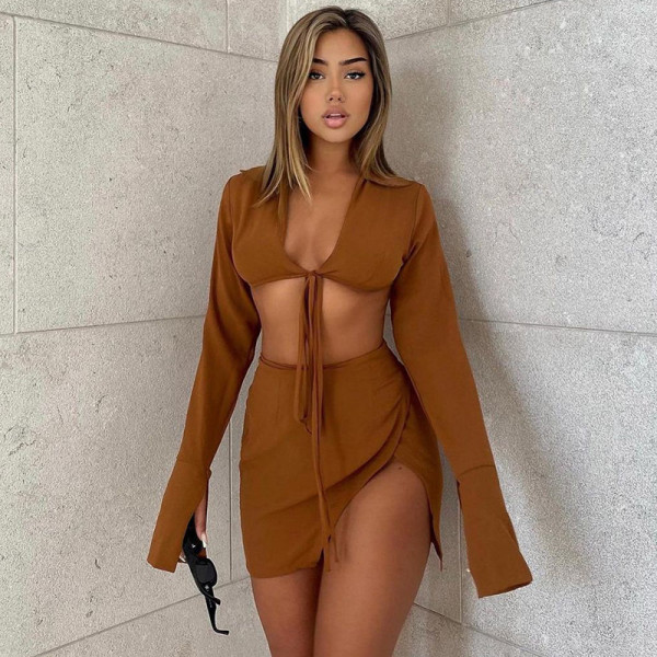 Women's 2021 autumn new solid color lapel cropped umbilical slit irregular short skirt suit women W21ST429