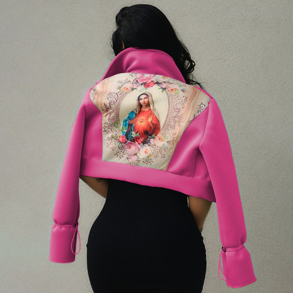 Women's 2021 autumn and winter new casual solid color lapel cardigan button short coat jacket with printing K21TP591