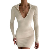 Women's 2021 autumn and winter new solid color casual stitching lapel zipper long-sleeved short dress A21DS466