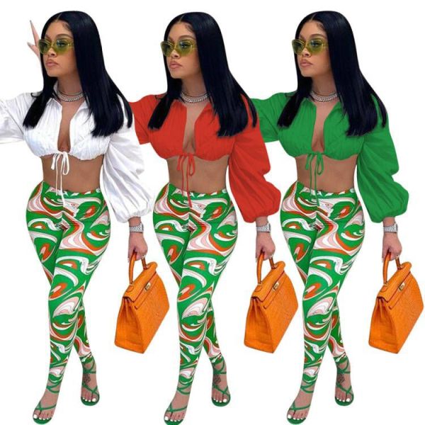 Lantern Sleeve Lace Pants Set High Waist Pants Set F88380