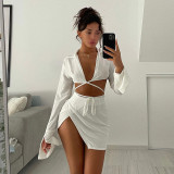 Women's 2021 autumn new solid color lapel cropped umbilical slit irregular short skirt suit women W21ST429
