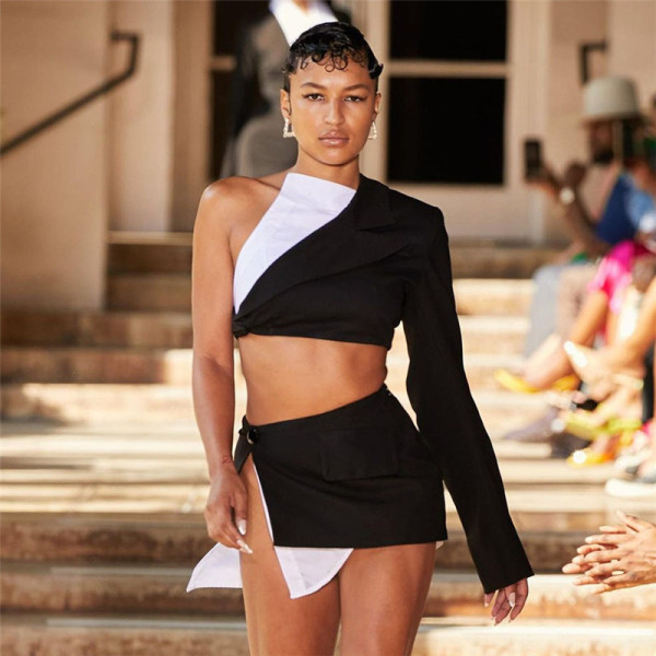 2021 autumn and winter women's new style street fashion slanting shoulder one-sleeve small suit sexy short skirt two-piece suit K21S08813
