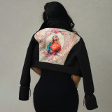 Women's 2021 autumn and winter new casual solid color lapel cardigan button short coat jacket with printing K21TP591