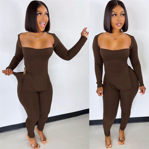 2021 autumn women's new sexy low-cut slits slim long-sleeved tops casual trousers suit women K21S08741