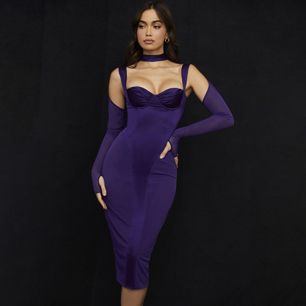 2021 autumn and winter new women's fashion design contrast stitching sexy slim bag hip dress women K21D08744