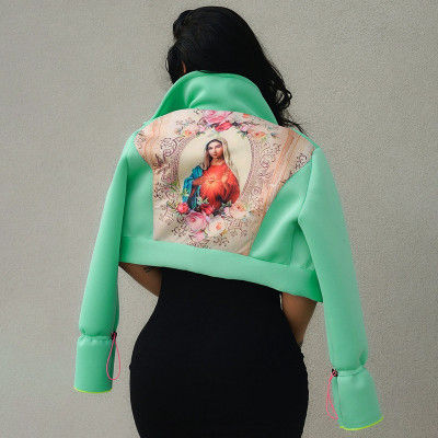 Women's 2021 autumn and winter new casual solid color lapel cardigan button short coat jacket with printing K21TP591