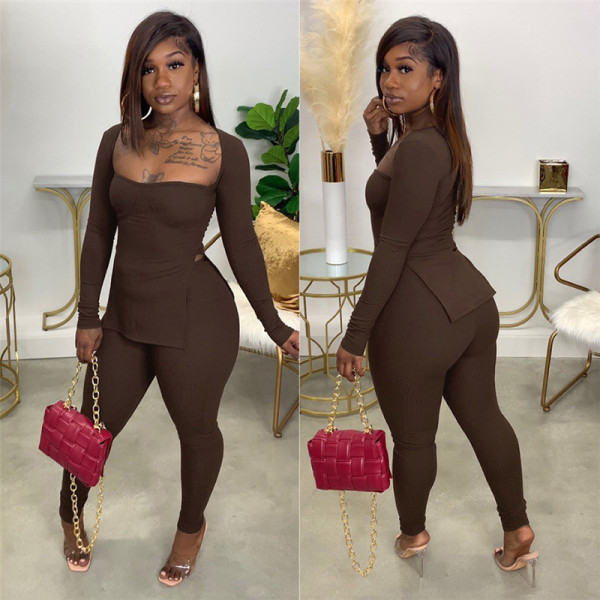 2021 autumn women's new sexy low-cut slits slim long-sleeved tops casual trousers suit women K21S08741