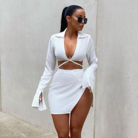 Women's 2021 autumn new solid color lapel cropped umbilical slit irregular short skirt suit women W21ST429