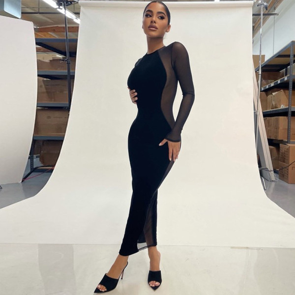 Women's 2021 new autumn and winter fashion sexy see-through mesh stitching slim long-sleeved dress D1A6854A