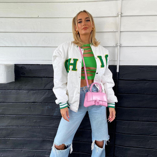 2021 Winter Women's New Fashion Letter Embroidered Stand Collar Loose Street Trendy Jacket Baseball Uniform K21C09168