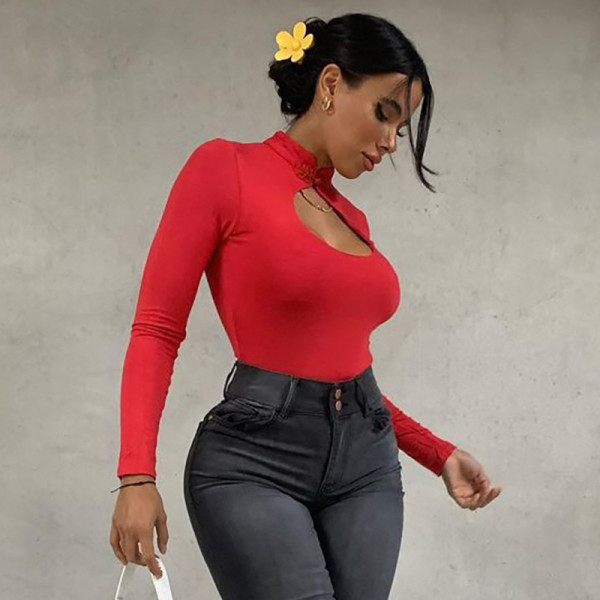 Women's 2021 autumn and winter new solid color stitching casual round neck buckle long-sleeved one-piece women Q21BS625