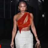 Women's 2021 autumn and winter new solid color stitching exposed navel hollow sleeveless sexy slim top M21TP619
