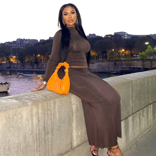 Women's 2021 autumn and winter new solid color casual stitching round neck long-sleeved reverse long skirt suit M21ST615