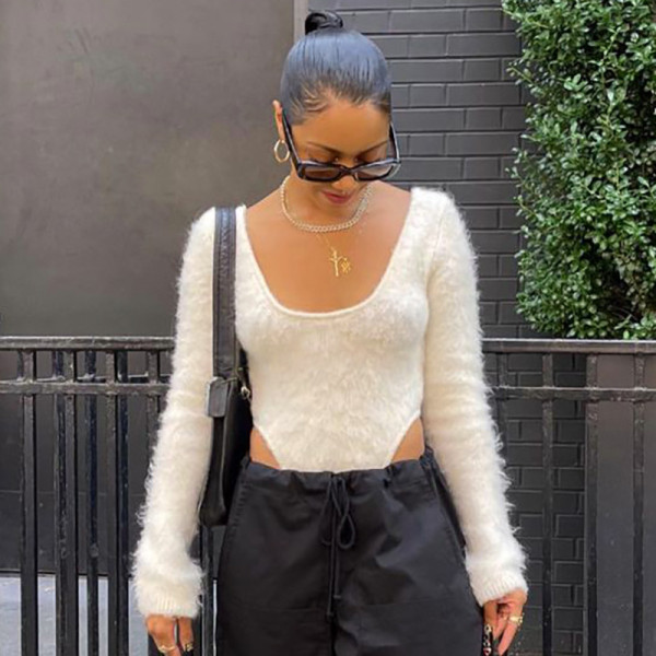 Women's 2021 autumn and winter new solid color stitching casual round neck slim long-sleeved woolen bodysuit Q21BS618