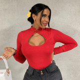 Women's 2021 autumn and winter new solid color stitching casual round neck buckle long-sleeved one-piece women Q21BS625