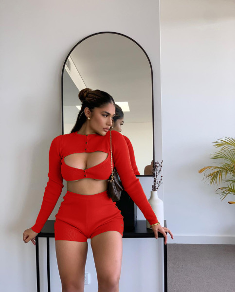 Autumn new style knitted thread hollow sexy shorts slim two-piece suit Q21S987