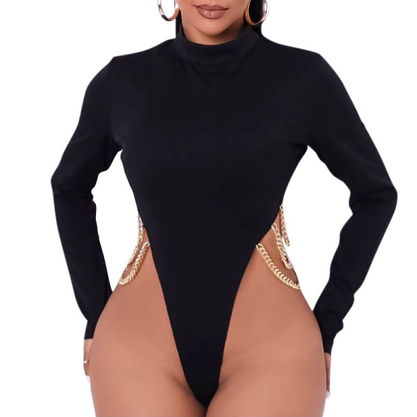 Women's 2021 autumn and winter new solid color casual round neck metal chain long-sleeved short one-piece X21BS628
