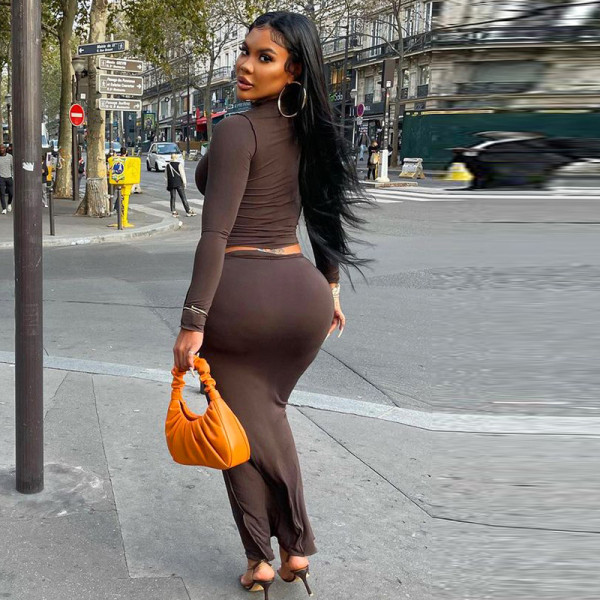 Women's 2021 autumn and winter new solid color casual stitching round neck long-sleeved reverse long skirt suit M21ST615