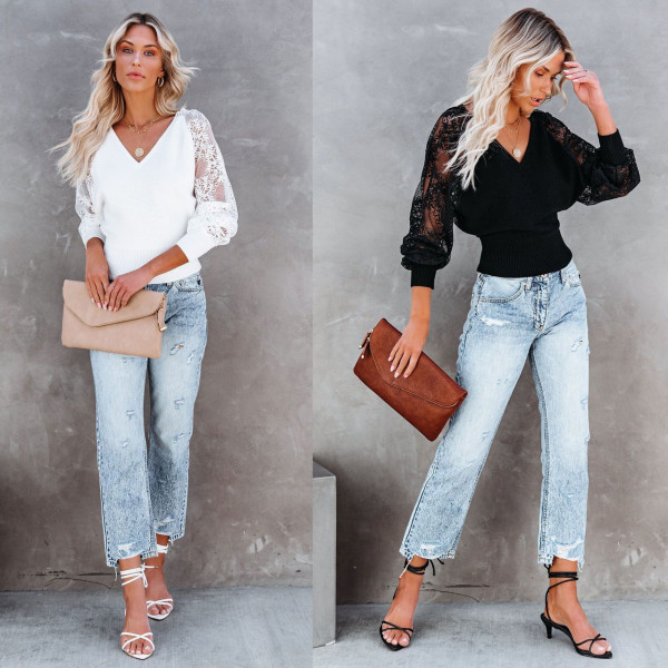 V-neck lace thread stitching commuter sexy top S21Y5047