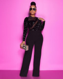 New autumn and winter flocking sequins mesh stitching straight jumpsuit Q21S981