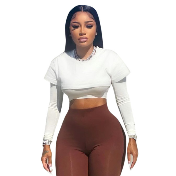 Women's 2021 autumn and winter new solid color casual round neck long-sleeved umbilical fake two-piece blouse K21TP632