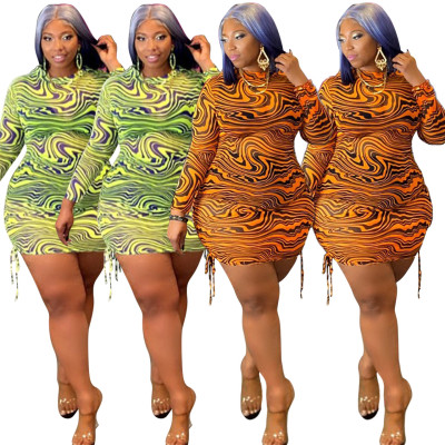 Plus size women's clothing autumn new style net yarn printing pleated dress J21L6094