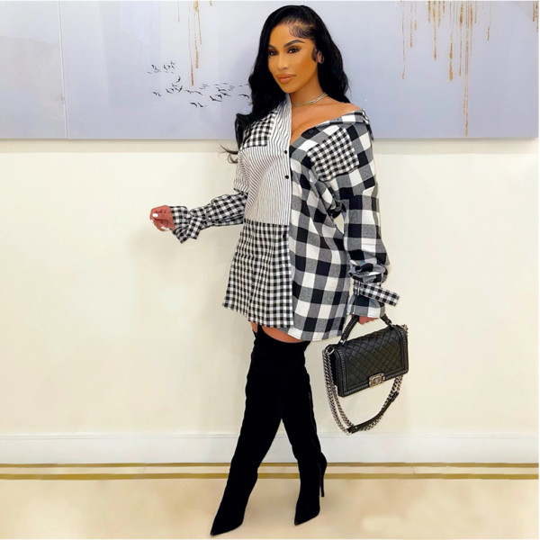 Explosive style contrast belt, plaid fashion women's shirt skirt F178-1