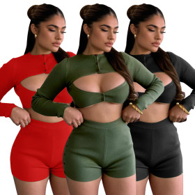 Autumn new style knitted thread hollow sexy shorts slim two-piece suit Q21S987