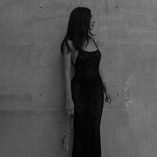 Women's 2021 autumn and winter new style printed casual sling mesh gauze open back sleeveless long dress C21DS405