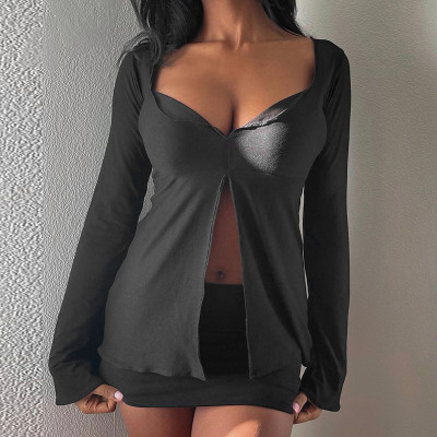 Women's 2021 autumn and winter new solid color stitching sexy round neck long-sleeved long-sleeved t-shirt top Q21TP624