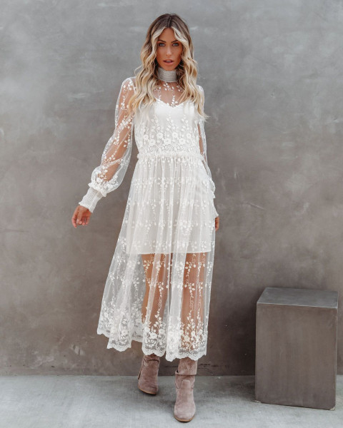 High collar embroidery lace mesh fashion temperament one-piece dress S21D5046