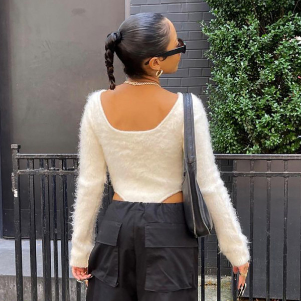 Women's 2021 autumn and winter new solid color stitching casual round neck slim long-sleeved woolen bodysuit Q21BS618