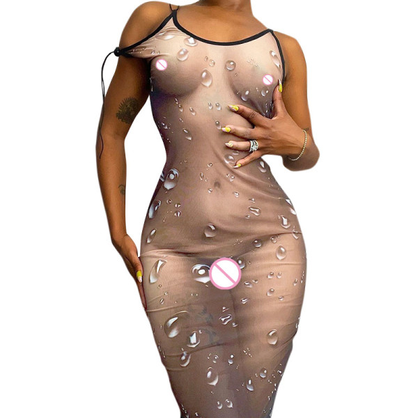 Women's 2021 autumn and winter new printed lace-up sexy body pattern sleeveless short dress Q21DS609