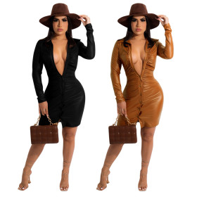 Women's Stretch Brazilian Leather Front Button Dress z9142