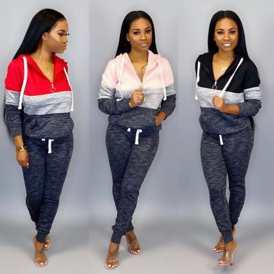 The new 2021 autumn and winter new women's plus size color matching hooded zipper casual suit p8624