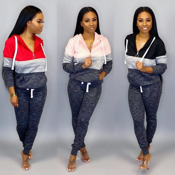 The new 2021 autumn and winter new women's plus size color matching hooded zipper casual suit p8624