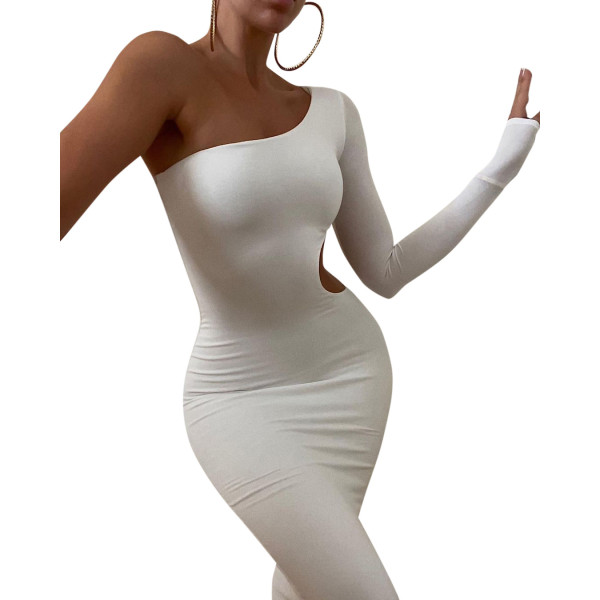 Women's 2021 autumn and winter new solid color casual stitching one-shoulder long-sleeved hollow long dress K21DS608