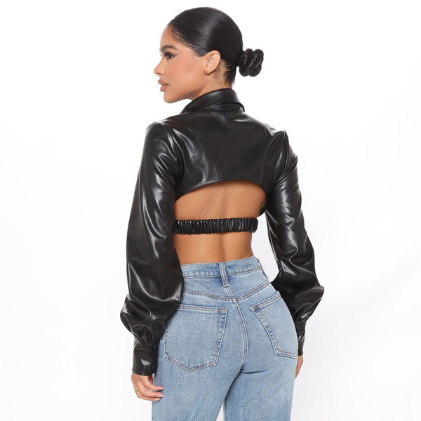 Women's 2021 autumn and winter new stitching lapel long-sleeved snap button sexy navel PU leather top Q21TP636