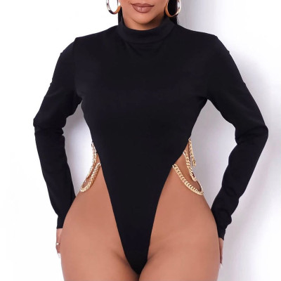 Women's 2021 autumn and winter new solid color casual round neck metal chain long-sleeved short one-piece X21BS628