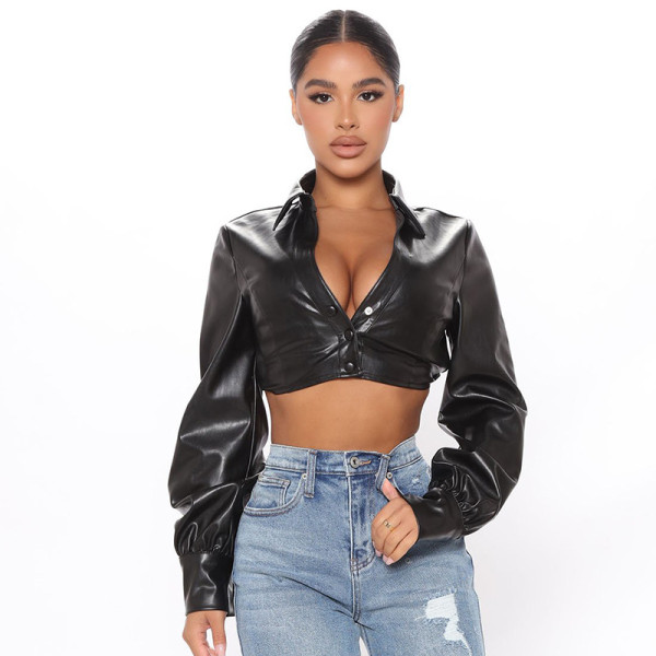 Women's 2021 autumn and winter new stitching lapel long-sleeved snap button sexy navel PU leather top Q21TP636