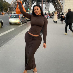 Women's 2021 autumn and winter new solid color casual stitching round neck long-sleeved reverse long skirt suit M21ST615