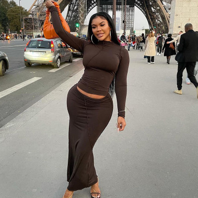 Women's 2021 autumn and winter new solid color casual stitching round neck long-sleeved reverse long skirt suit M21ST615