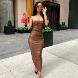 Women's 2021 autumn and winter new solid color casual sleeveless zipper PU leather tube top long dress A21DS475